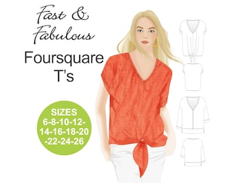 EASY T-shirt sewing pattern. Foursquare T's. Tie front T. V-neck T. Long sleeve T. 3/4 sleeve T. Cap sleeve T. Plus size T-shirt pattern.