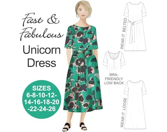 RETRO dress sewing pattern. Easy-to-sew dress pattern. Unicorn Dress. A-line dress pattern. Belted dress pattern. Plus size dress pattern.