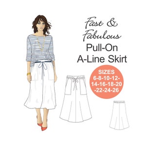 Puede incluir: Ilustración de una mujer con una camiseta a rayas y una falda línea A blanca. La imagen incluye un dibujo lineal de la falda y el texto "Fast & Fabulous Pull-On A-Line Skirt" con opciones de tallas.