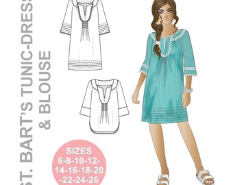 BOHO sewing pattern. St. Bart's Tunic-Dress & Blouse pattern. Kaftan pattern. Peasant Blouse pattern. Summer pattern. Plus size pattern.