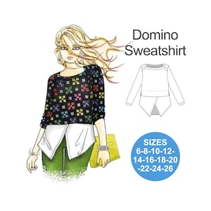 May include: A black and white illustration of a sweatshirt with a diagonal hemline. The sweatshirt is called "Domino Sweatshirt" and is available in sizes 6-8-10-12-14-16-18-20-22-24-26.