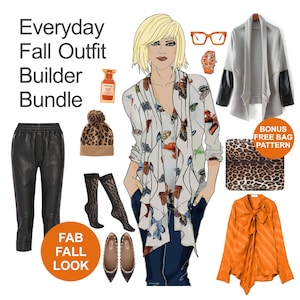 May include: An illustration of an everyday fall outfit builder bundle. The image includes a woman wearing a butterfly-print blouse, black leather pants, and a gray jacket. Accessories include a leopard-print beanie, glasses, watch, and shoes.