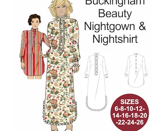 VINTAGE naaipatroon Buckingham Beauty-nachtjapon en nachthemd. Pyjama met lange mouwen. Nachtkleding het hele jaar door, maten 6-26 pdf-patroon