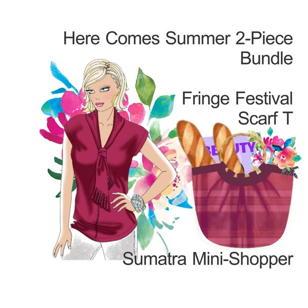 EASY TO SEW 2-piece pattern bundle. Fringe Festival Scarf T pattern. Sumatra Mini-Shopper pattern. Plus size pattern.