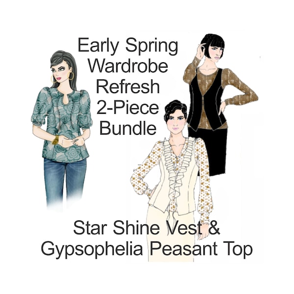 EASY TO SEW Early Spring 2-piece pattern bundle. Spring Wardrobe Update. Peasant Top pattern. Vest Pattern. Plus size pattern.