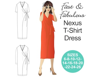 T-SHIRT dress sewing pattern. Tie front dress. V-neck dress. Pull-on dress. Plus size dress pattern. Easy to make dress pattern.