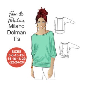May include: An illustration of a woman wearing a mint green Milano Dolman T-shirt. The image includes the text "Fast & Fabulous Milano Dolman T's" and a size chart in a red circle. The shirt design is also shown.