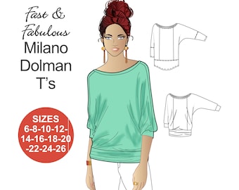 Naaipatroon T-shirt met dolmanmouwen: prinsessennaad, boothals (maten 6-26) (pdf-patroon)