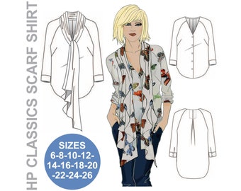 Naaipatroon blouse sjaalafwerking: lange mouw, grote maten (A4, Letter, A0, ArchE)
