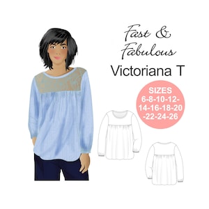 Vintage T-Shirt sewing pattern.  Easy-to-sew. Fast & Fabulous Victoriana T. Long sleeve top. Lace top. Curved hem. Yoke top. Pull-on top.