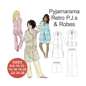 Könnte beinhalten: Illustration eines Schnittmusters für Retro-Pyjamas und -Roben. Das Bild zeigt drei Frauen in verschiedenen Pyjama-Sets und -Roben. Das Muster enthält die Größen 6-8 bis 22-24-26. Der Text "Pyjamarama Retro P.J.s & Robes" wird angezeigt.