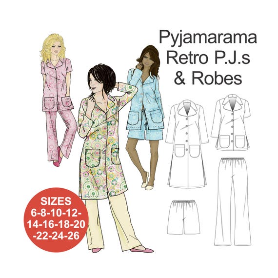 Retro Pyjama & Robe Digital Sewing Pattern. Pyjamarama PJ Set for Women.  Multi-Sizes 6-26 PDF Download