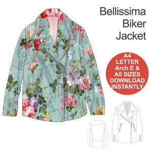 Peut inclure: Une veste de motard florale verte avec des clous argentés. La veste a une fermeture éclair et un col. Le texte "Bellissima Biker Jacket" est écrit en noir au-dessus du texte "A4 LETTER Arch E & A0 SIZES DOWNLOAD INSTANTLY" en rouge.