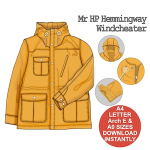 Op de afbeelding: Mosterdgele windjack met capuchon en zakken. De jas heeft een ritssluiting en knopen. De afbeelding bevat de tekst "Mr HP Hemingway Windcheater" en "A4 LETTER Arch E & A0 SIZES DOWNLOAD INSTANTLY".