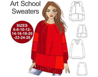 BOHO Sweater sewing pattern. Oversize sweater pattern. Patchwork sweater. Upcycle sweater. Long sleeve sweater. Easy-to-sew. Plus size.