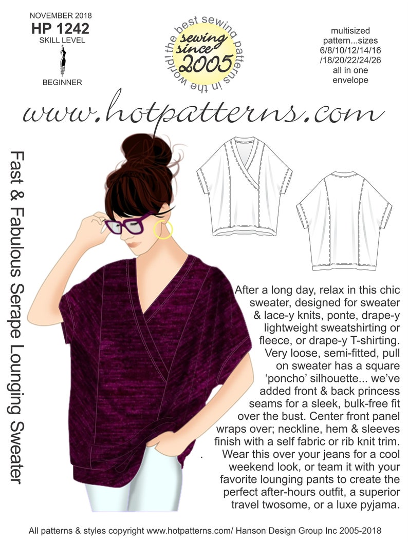 以下が含まれることがあります： Fast & Fabulous Serape Loungingセーターの縫製パターン。パターンにはサイズ6/8/10/12/14/16と18/20/22/24/26が含まれています。パターンは初心者向けです。画像は、バーガンディのセーターを着ている女性を示しています。