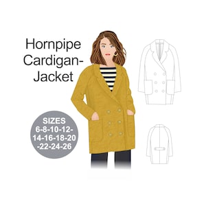 Könnte beinhalten: Illustration eines senfgelben Hornpipe Cardigan-Jackets. Die doppelreihige Jacke hat große Taschen und ein klassisches Design. Das Bild enthält auch eine Größentabelle und eine Strichzeichnung der Vorder- und Rückseite der Jacke.