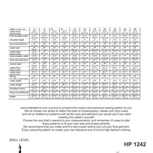 以下が含まれることがあります： 「HP 1242 Fast & Fabulous Serape Lounging Sweater」というタイトルの縫製パターンで、サイズチャートはセンチメートルとインチです。このパターンにはセーターの指示が含まれており、スキルレベルは初心者です。
