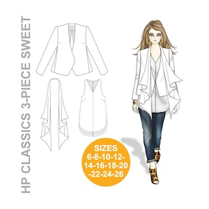May include: A white three-piece outfit with a draped jacket, a sleeveless top, and a scarf. The outfit is shown on a fashion illustration. The sizes are 6-8-10-12-14-16-18-20-22-24-26.