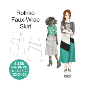 May include: A sewing pattern for a faux wrap skirt, with a line drawing of the skirt and two illustrations of women wearing the skirt. The pattern is available in sizes 6-8-10-12-14-16-18-20-22-24-26. The text "Rothko Faux-Wrap Skirt" is at the top of the image.