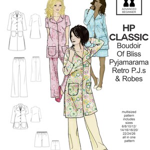 May include: A sewing pattern from HotPatterns for a boudoir pajama set and robes. The pattern includes sizes 6/8/10/12/14/16/18/20/22/24/26. The image shows illustrations of the pajama set in pink, blue, and green floral patterns. The pattern is labeled "Advanced Beginner".