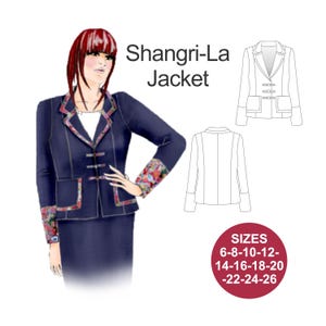 May include: A blue jacket with a contrasting trim and floral print on the cuffs. The jacket has a mandarin collar and a button closure. The text "Shangri-La Jacket" is written above the image. The sizes 6-8-10-12-14-16-18-20-22-24-26 are listed below the image.