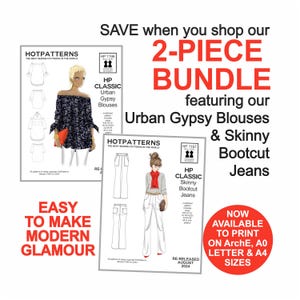 以下が含まれることがあります： 縫製パターンのプロモーション画像。「2-PIECE BUNDLE」と「Urban Gypsy Blouses & Skinny Bootcut Jeans」の文字。服のイラストと「EASY TO MAKE MODERN GLAMOUR」の文字が含まれています。
