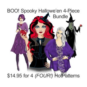May include: Four digital sewing patterns for Halloween costumes. The patterns feature a witch, a vampire, a ghost, and a zombie. The patterns are available for $14.95.