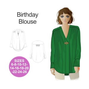 May include: Illustration of a green blouse with long sleeves and a V-neck, featuring a decorative brooch. The image includes a line drawing of the blouse and a size chart with sizes 6-8-10-12-14-16-18-20-22-24-26. The text reads "Birthday Blouse".