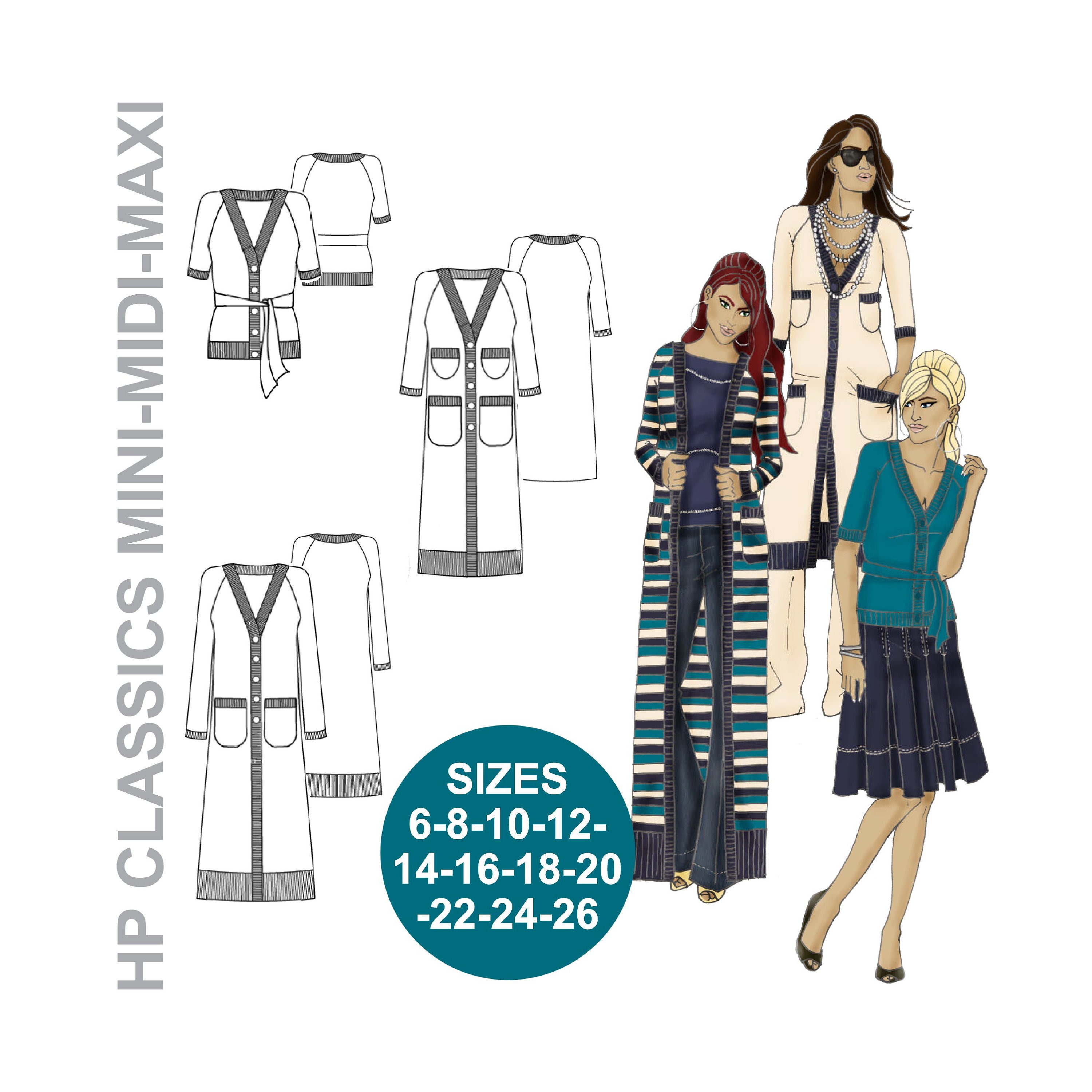 VINTAGE cardigan sewing pattern. Mini-Midi-Maxi Cardigan. Sweater knit pattern. Long-sleeve. 3/4 sleeve. Short sleeve. Plus size pattern.