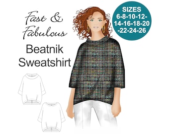 RETRO Sweatshirt sewing pattern. Beatnik Sweatshirt. 3/4 sleeve sweatshirt. Dolman sweatshirt. Cocoon sweatshirt. Bateau neck sweatshirt.