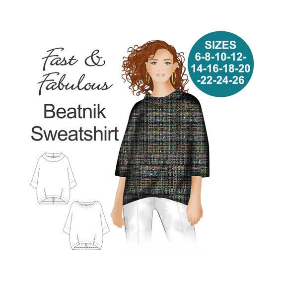 RETRO Sweatshirt Sewing Pattern. Beatnik Sweatshirt. 3/4 Sleeve Sweatshirt. Dolman  Sweatshirt. Cocoon Sweatshirt. Bateau Neck Sweatshirt. 