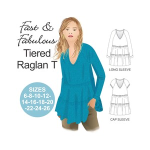 May include: A sewing pattern for a tiered raglan top with long or cap sleeves. The pattern includes sizes 6-8, 8-10, 10-12, 12-14, 14-16, 16-18, 18-20, 20-22, 22-24, and 24-26. The pattern is illustrated with a woman wearing a turquoise top.