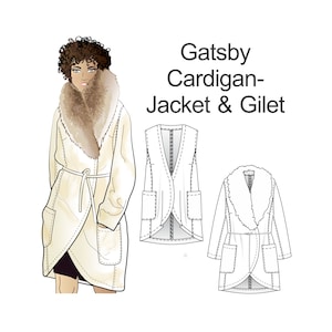 Könnte beinhalten: Eine weiße Cardigan-Jacke und eine passende Weste mit einem Kunstfellkragen. Die Jacke hat einen Bindegürtel und Taschen. Die Weste hat einen V-Ausschnitt und Taschen. Gatsby Cardigan-Jacket & Gilet.