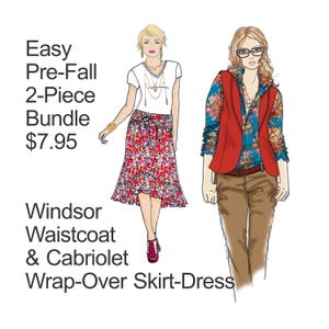 Op de afbeelding: Mode-illustratie met twee vrouwen in herfstoutfits. Eén draagt een witte top en een bloemenrok, de ander een rood vest over een bloemenhemd en een bruine broek. Tekst: "Easy Pre-Fall 2-Piece Bundle" en "Windsor Waistcoat & Cabriolet Wrap-Over Skirt-Dress."