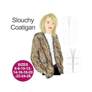 Könnte beinhalten: Ein lockerer Cardigan mit gold-schwarzem Muster. Der Cardigan hat einen V-Ausschnitt und Taschen. Das Bild zeigt auch eine Strichzeichnung des Cardigans. Größen 6-8-10-12-14-16-18-20-22-24-26.