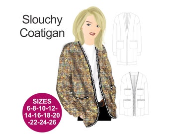 CHIC knit jacket sewing pattern. Cardigan pattern.  Long sleeve cardigan. V-neck jacket. Slouchy Coatigan. Plus size pattern.