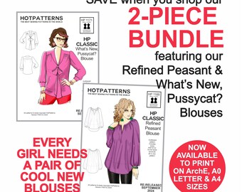 Blouse Sewing Pattern Bundle, Peasant Blouse, Tie Neck (Plus Sizes)