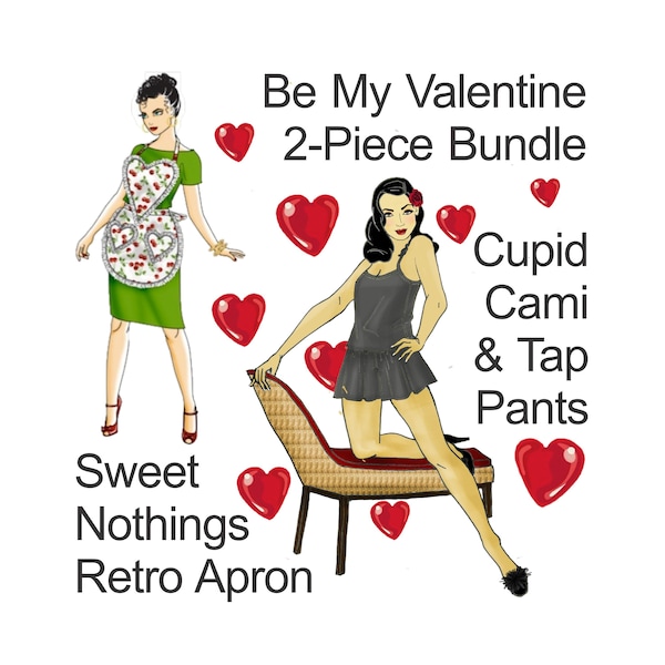 EASY TO SEW Valentine 2024 2-piece pattern bundle. Retro Apron pattern. Lingerie pattern. Cami pattern. Tap Pant pattern. Plus size pattern.