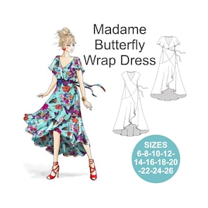 Puede incluir: Una ilustración digital de un vestido de envoltura con estampado de mariposa. El vestido tiene un escote alto y mangas cortas. El vestido se muestra en una mujer con cabello rubio y zapatos rojos. El texto "Madame Butterfly Wrap Dress" está en la parte superior de la imagen. El texto "SIZES 6-8-10-12-14-16-18-20-22-24-26" está en la parte inferior de la imagen.