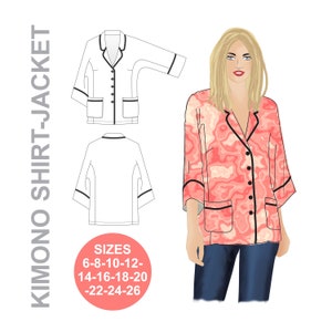 Puede incluir: Ilustración de una camisa-chaqueta kimono, con una mujer que lleva una versión con estampado rosa. La chaqueta tiene ribetes negros, bolsillos y botones. El texto "KIMONO SHIRT-JACKET" está a la izquierda, y una tabla de tallas está en la parte inferior.