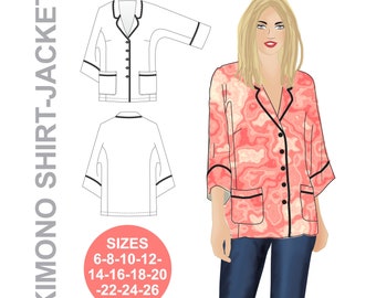 RETRO Kimono Shirt-Jacket sewing pattern. Spring jacket. Summer jacket. Fall jacket. PJ top. Kimono sleeves. Plus size jacket pattern.