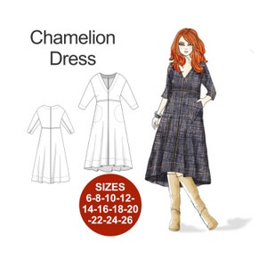 May include: A line drawing of a dress pattern with a V-neck and long sleeves. The dress has a fitted bodice and a flowing skirt. The drawing is labeled "Chameleon Dress" and includes sizes 6-8-10-12-14-16-18-20-22-24-26.