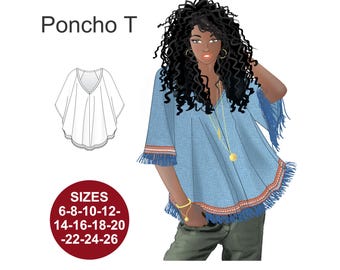 Molde fácil de costura para camiseta poncho: decote em V, bainha com franjas (download digital)