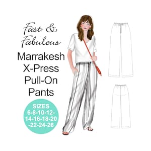 EASY BOHO pants sewing pattern. Pull-on pants pattern. Wide leg pants pattern. Plus size pants pattern. Marrakesh X-Press Pull-On Pants.