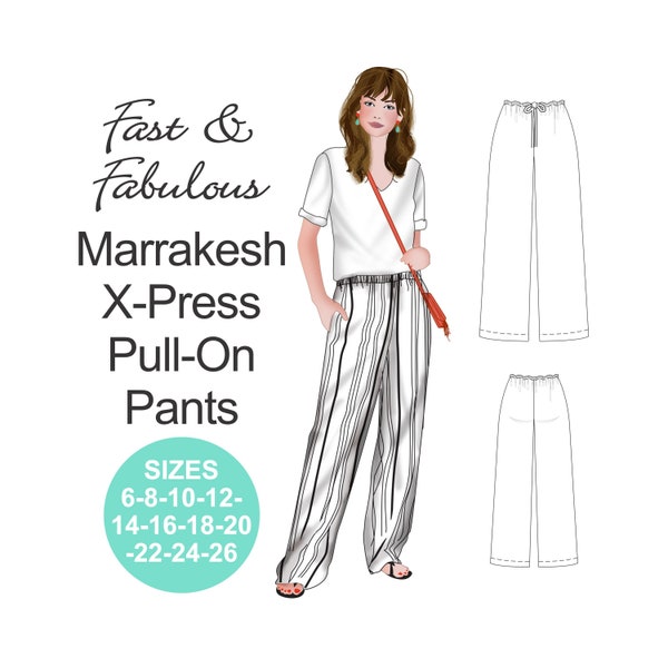 EASY BOHO pants sewing pattern. Pull-on pants pattern. Wide leg pants pattern. Plus size pants pattern. Marrakesh X-Press Pull-On Pants.