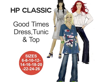RETRO Good Times Dress, Tunic & Top Sewing Pattern. Long sleeve. Short sleeve. Cap sleeve. 70's styling. Easy-sew. Sizes 6-26; PDF Download