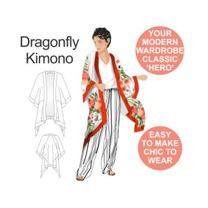 Kimono sewing pattern Dragonfly Kimono by HotPatterns. Instant PDF download to print at home. Not a paper pattern.  Plus size pattern.