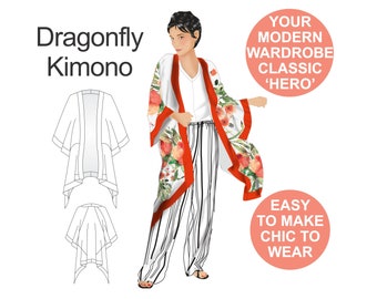 Kimono sewing pattern Dragonfly Kimono by HotPatterns. Instant PDF download to print at home. Not a paper pattern.  Plus size pattern.