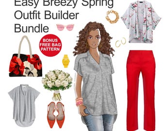 Easy-Breezy Spring Outfit Sewing Pattern Bundle: Kimono, Knit Top, Pull-On Pants (Size 6-26)